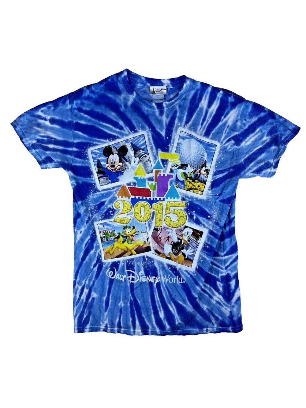 Disney Parks Medium Blue Tie Dye Tshirt 2015 Epcot Disneyworld Pluto Mickey Goof